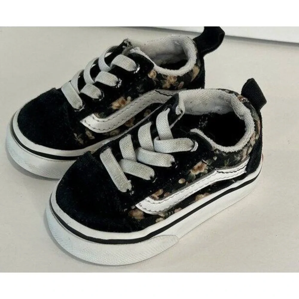 Vans Baby Old Skool Black Floral Look Print Slip On Shoes Infant Size 2